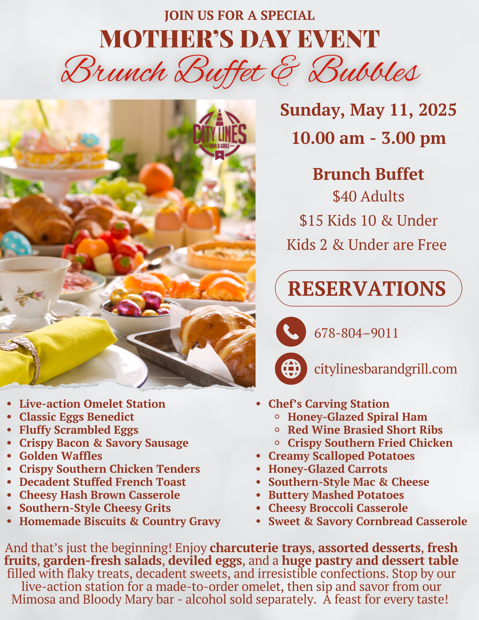 Easter Brunch Buffet β A Feast of Spring Flavors πΈπ₯π° Flyer promoting the Mother's Day Buffet at City Lines Bar & Grill featuring spiral ham, braised short rib, fried chicken, a variety of side dishes, desserts, and a live-action station.