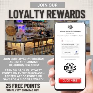 Image of the City Lines Bar & Grill bar area with a hand holding a phone displaying the loyalty rewards sign-up page, offering 25 free points for signing up.