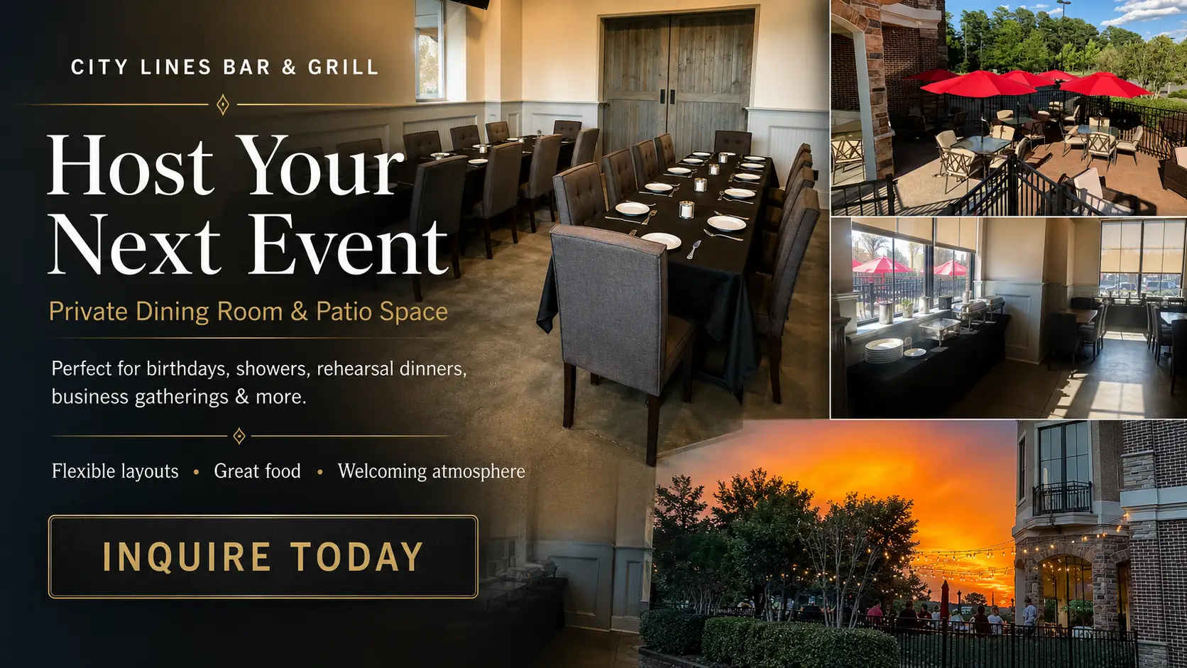 Private dining room and patio event space at City Lines Bar & Grill, featuring banquet tables, buffet setup, outdoor seating, red umbrellas, and sunset patio views.